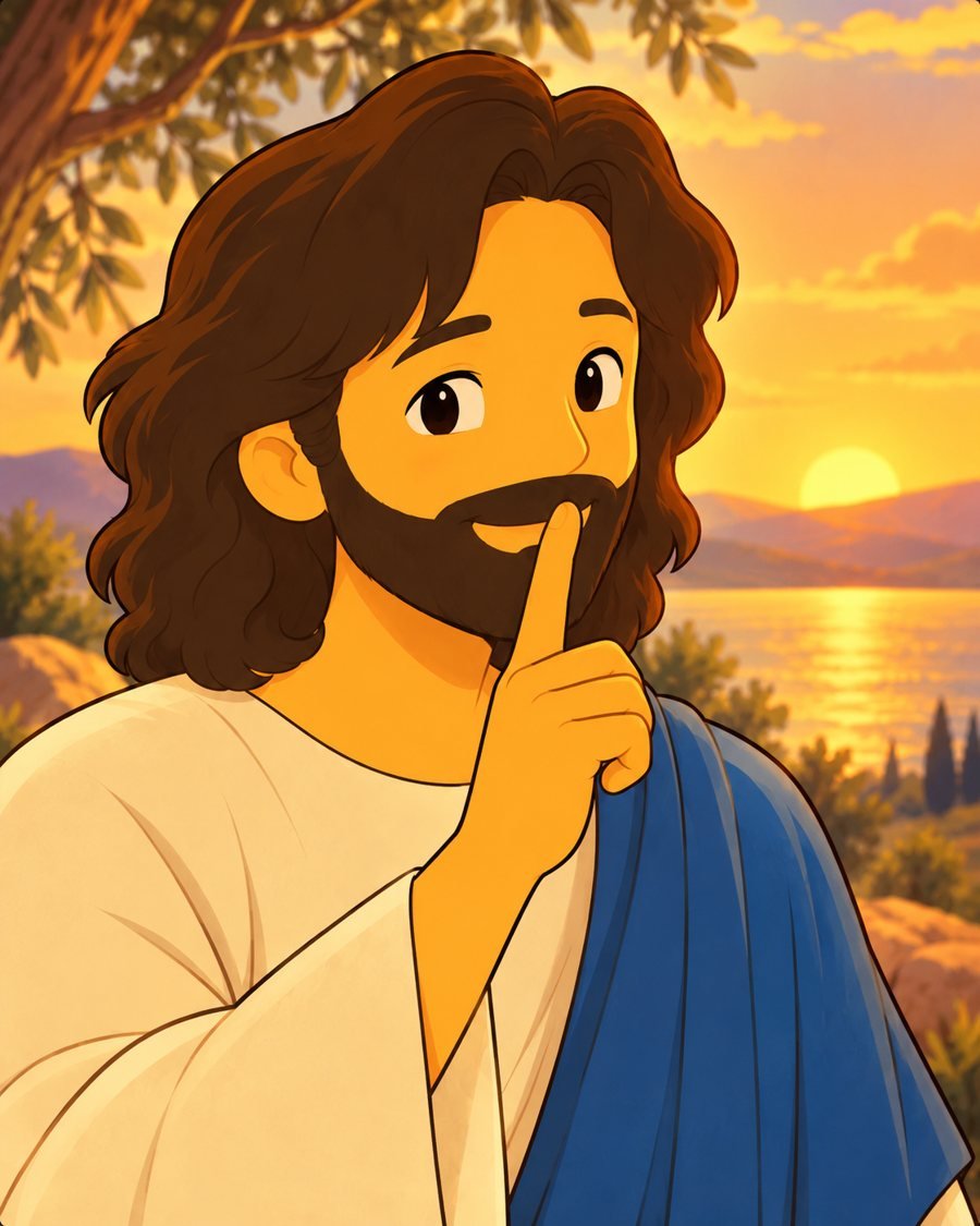 Jesus com o dedo nos lábios, em silêncio