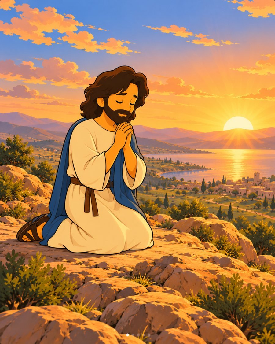 Jesus orando no alto do monte ao amanhecer
